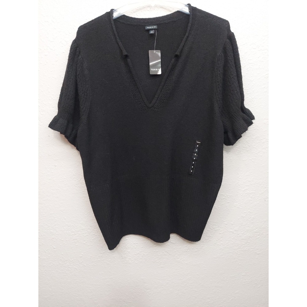 Torrid Sweater Womens 5X Black V Neck Ruffle Elbow Sleeve Soft Stretch New